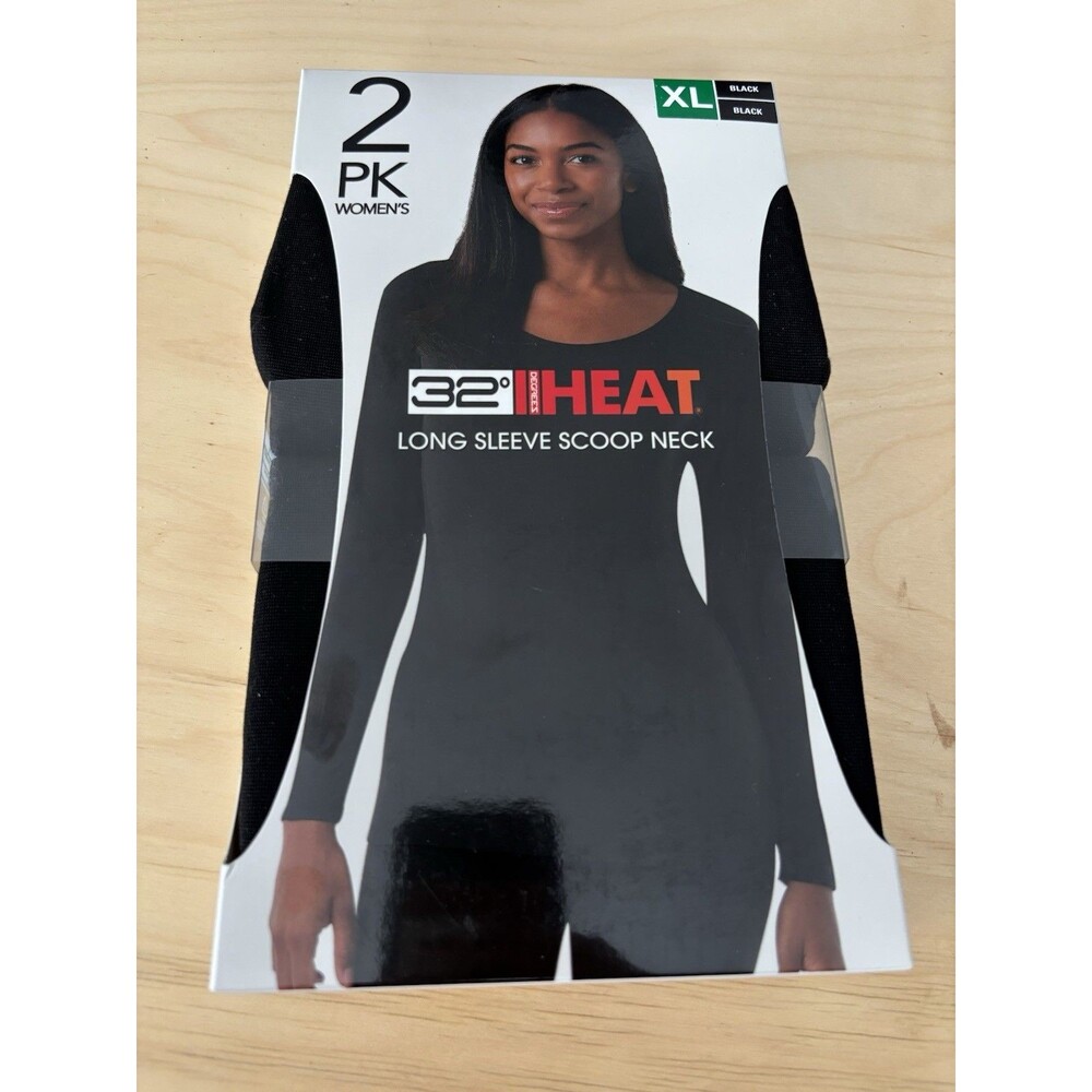 32 Degrees Womens XL Black 2Pk Heat Base Layer Long Sleeve Shirts Scoop Neck New